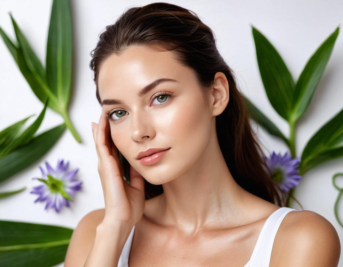 A serene, radiant woman with glowing skin, surrounded by natural elements like aloe vera, cucumbers, and lavender flowers. Her expression is peaceful, with soft sunlight highlighting her healthy complexion. Superimpose elegant skincare products aesthetically arranged on the side. Super-realistic. Vibrant colors. White background.